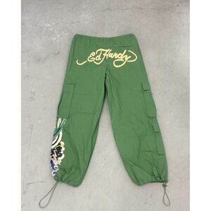 Ed Hardy Green Poplin Peacock Tattoo Logo Cargo Pants Womens Medium